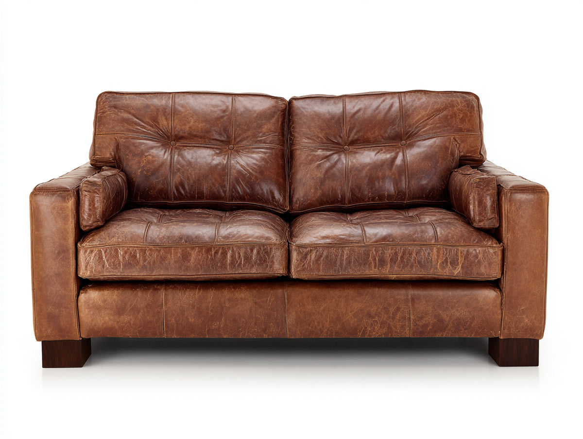 Sofás 2 plazas tapizados en cuero 170x90x86 cm - marrón coñac - diseño vintage con respaldo acolchado