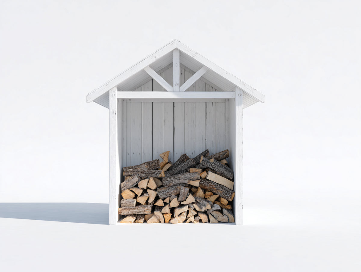 Leñero de exterior de madera 120x55x160 cm - blanco - techo inclinado con estructura abierta