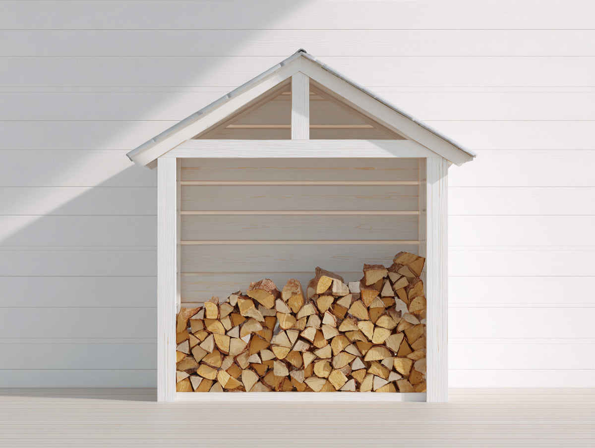 Leñero de exterior 140 x 60 x 180 cm - madera blanca - con tejado inclinado para almacenamiento