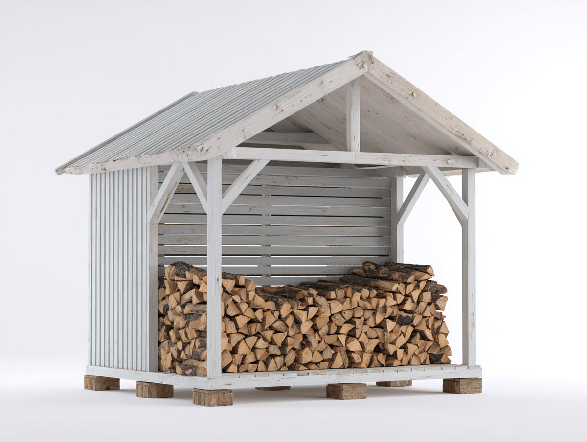 Leñero de exterior de madera 180x80x175 cm - blanco envejecido - techo a dos aguas y estructura ventilada