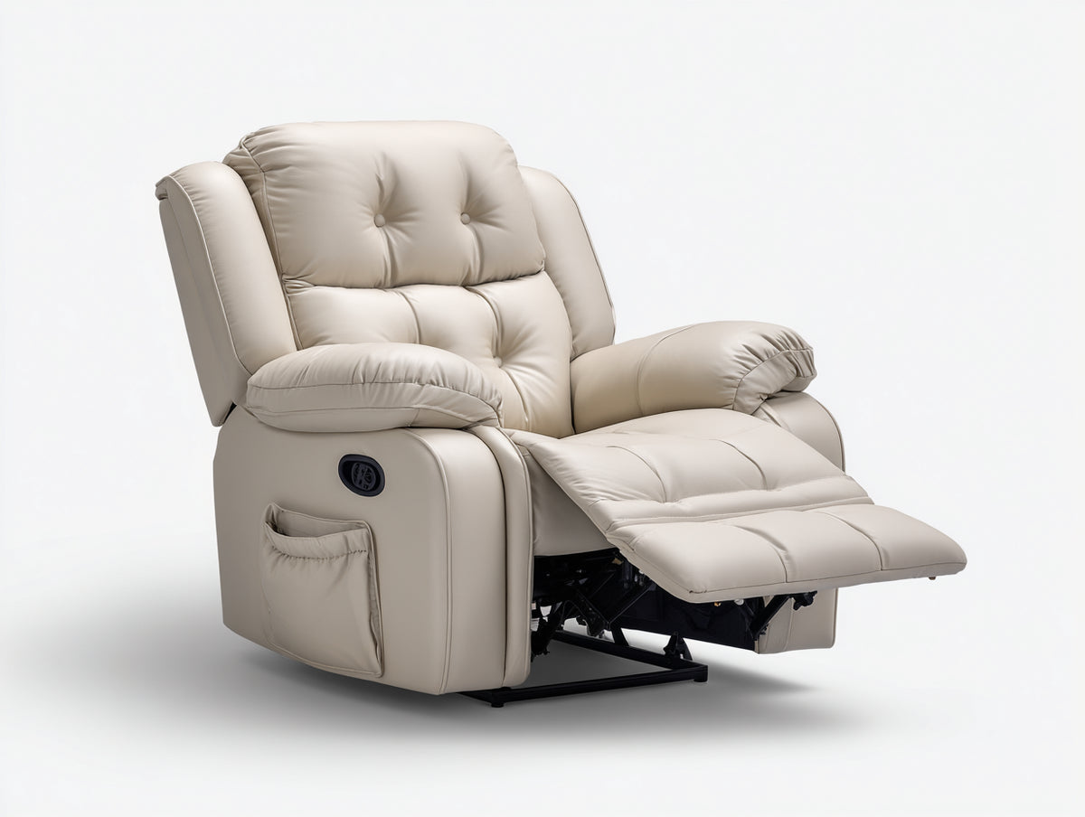 Sillones reclinables de cuero sintético 95x92x105 cm - crema - con reposapiés extensible y bolsillo lateral