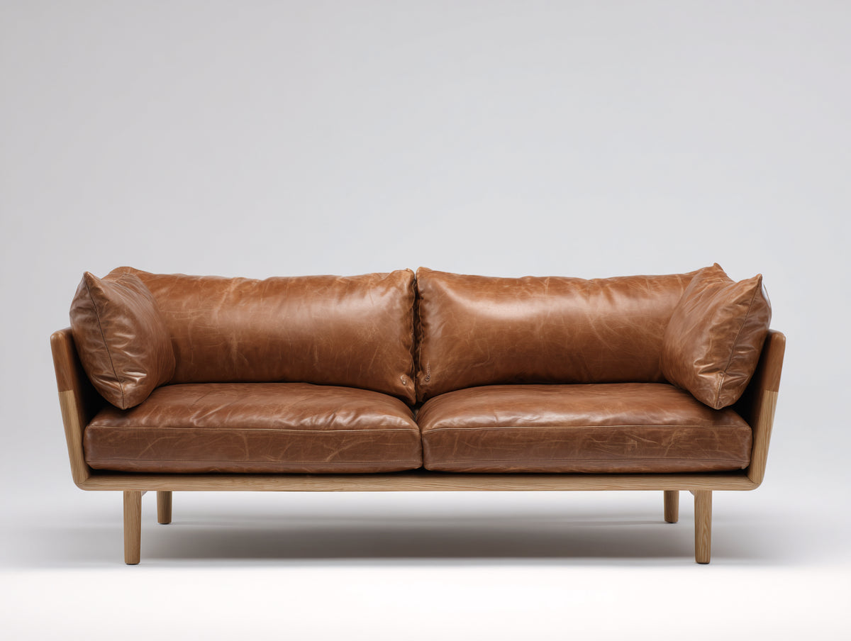 Sofás 2 plazas tapizados en cuero 180x88x82 cm - marrón caramelo y madera natural - diseño moderno