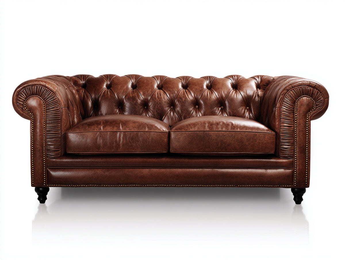 Sofás 2 plazas de cuero 200x92x84 cm - marrón coñac - diseño Chesterfield capitoné con brazos enrollados