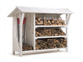 Leñero de exterior de madera con compartimento lateral y 3 niveles 230x85x200 cm - Blanco - Cubierta inclinada para almacenamiento organizado