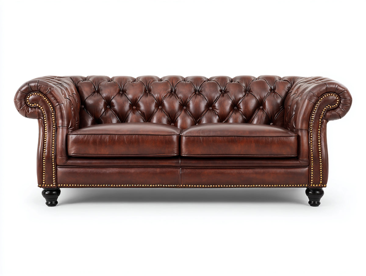 Sofás 2 plazas de cuero 205x95x82 cm - marrón - diseño Chesterfield capitoné con brazos enrollados