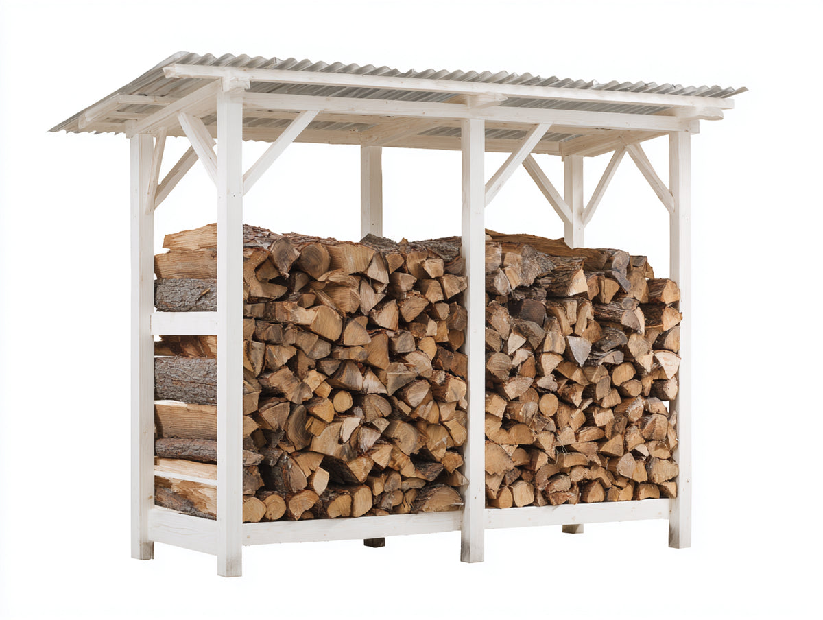 Leñero de exterior de madera 220x80x190 cm - blanco - estructura cubierta con tejado inclinado
