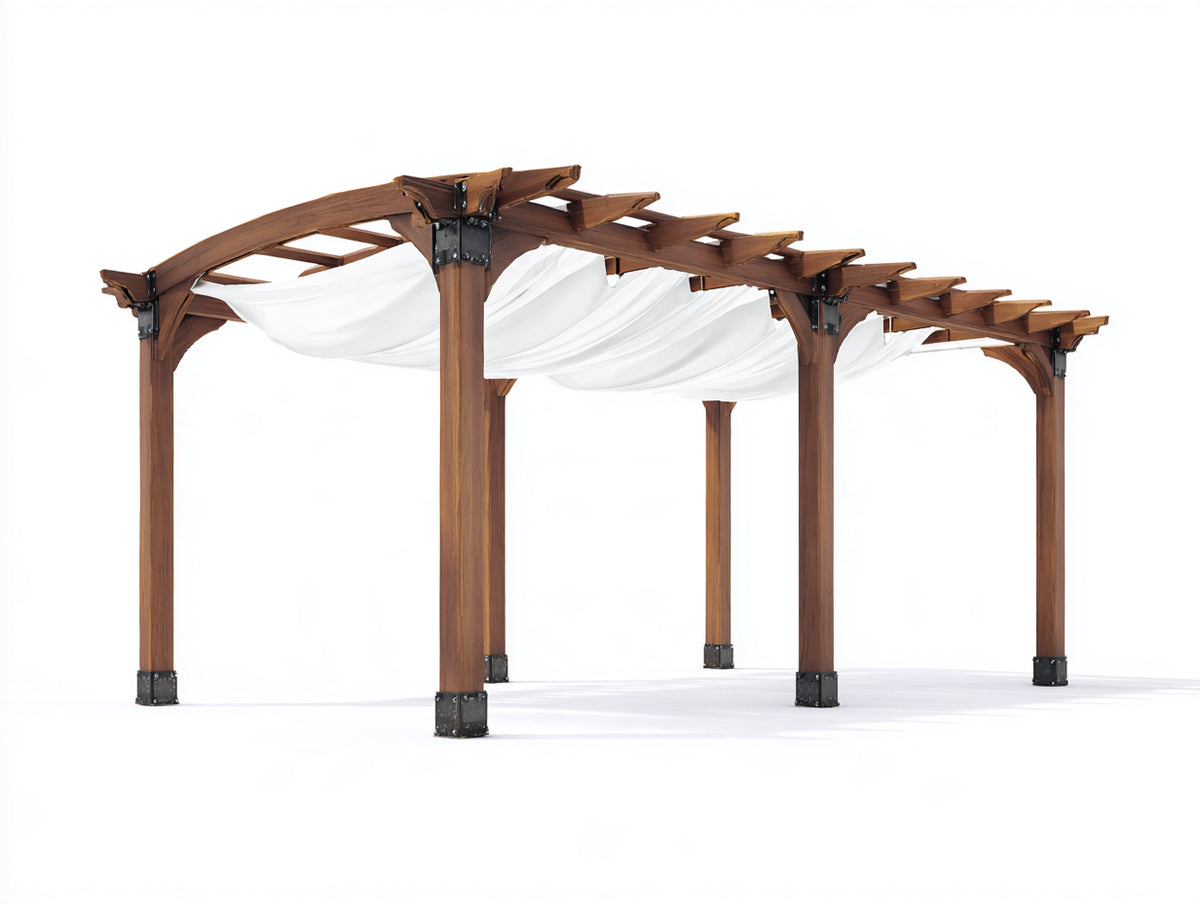 Pérgola de jardín de madera 400x300x240 cm - marrón y blanco - con toldo textil y diseño abierto