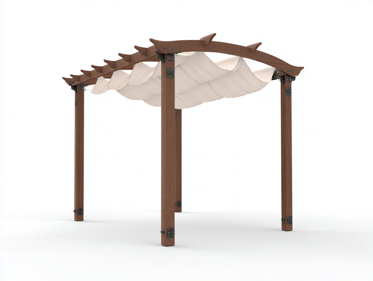 Pérgola de jardín de madera con toldo retráctil 300x300x250 cm - Marrón y beige - Diseño arqueado para sombra exterior